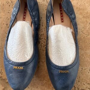 Prada Navy Leather Ballet Flats with Gold Logo